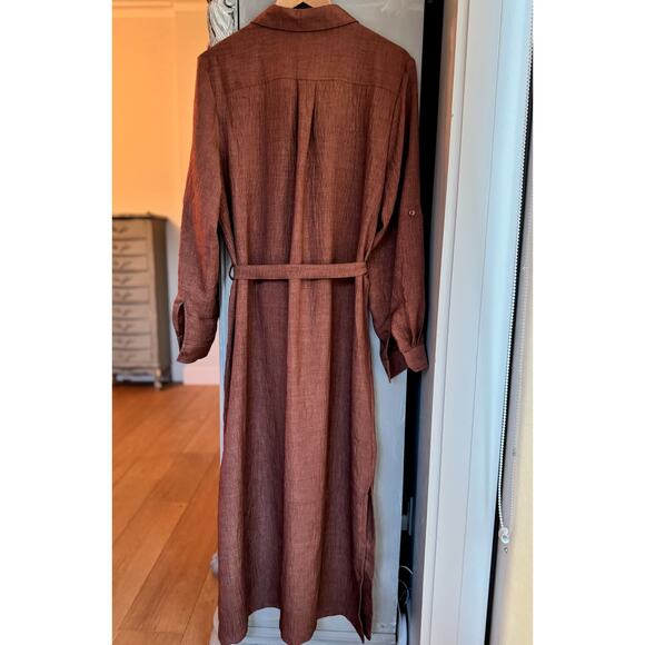 Max Studio Dress Sz L Brown Button Down Textured Long Sleeve Midi Shirtdress - Picture 3 of 9